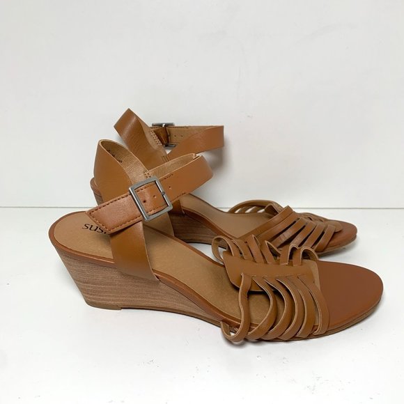 NEW Susina Terra-Lea Cognac Leather Wedge Strappy Open Toe Sandals Brown - Picture 2 of 6